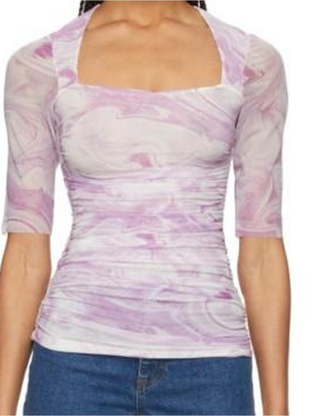 EUC Ganni Purple Orchid Bloom Mesh Ruched Top Sz EU 38 US 6 - Picture 7 of 8